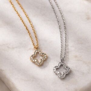 Mini Four Leaf Clover Diamonds Gold Necklace 925 Sterling Silver